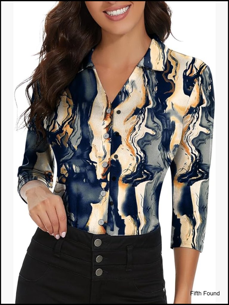 Women's 3/4 Sleeve V-Neck Polo Shirt Button Down Blouse Regular Fit